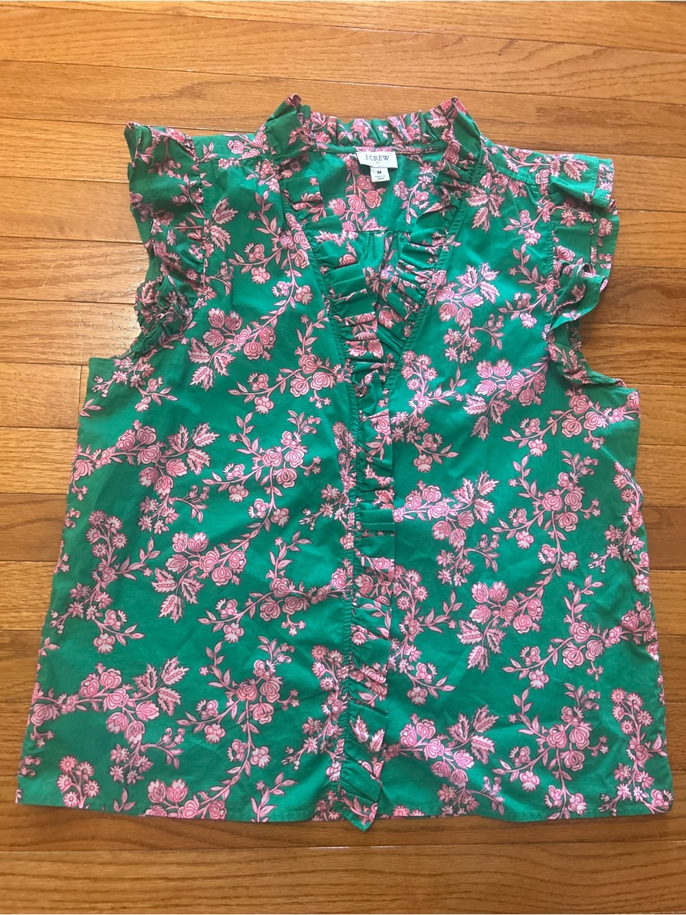 J. Crew Blouse Women’s Size M Green Pink Floral Ruffle Flutter Sleeve Cotton